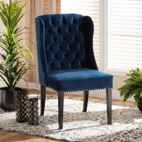 Baxton Studio WS-W158-Navy Blue Velvet/Espresso-DC Lamont Modern Contemporary Transitional Navy Blue Velvet Fabric Upholstered and Dark Brown Finished Wood Wingback Dining Chair